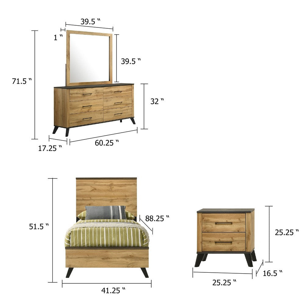 Wemy 4 Piece Twin Bed Set | Rustic Brown Pine Wood | Tapered Legs BM340077