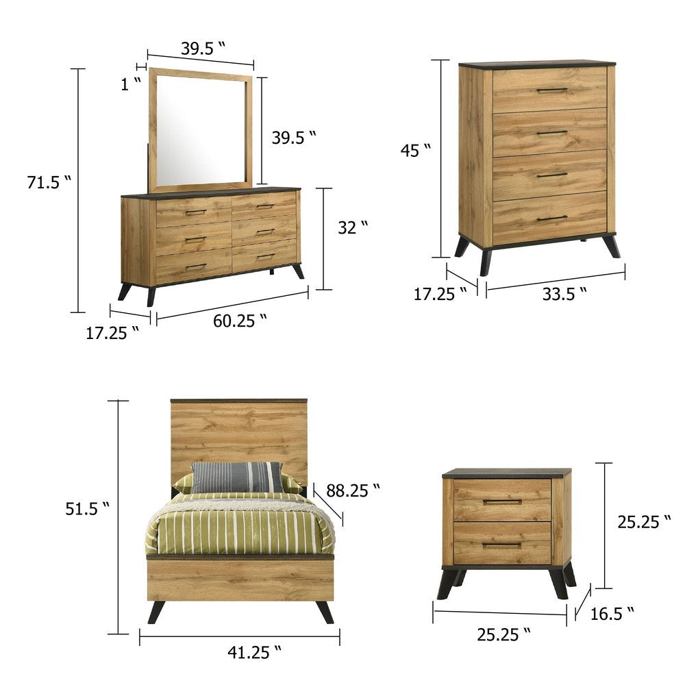 Wemy 5 Piece Twin Bed Set | Rustic Brown Pine Wood | Tapered Legs BM340078