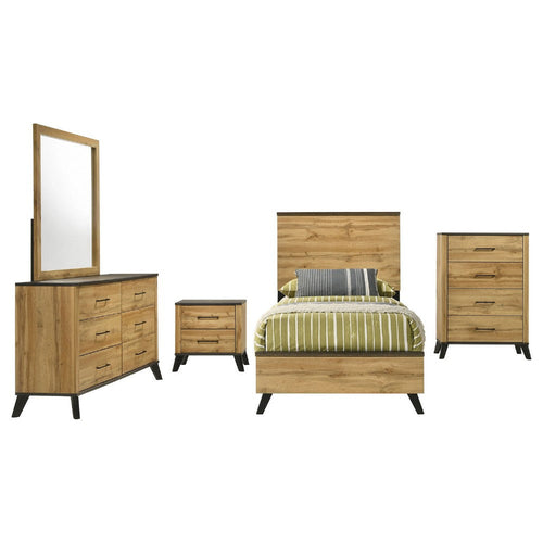 Wemy 5 Piece Twin Bed Set | Rustic Brown Pine Wood | Tapered Legs