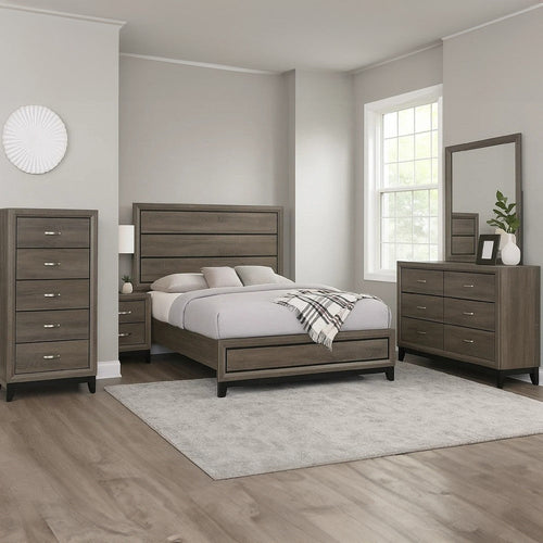 Mela 5pc Queen Bed Set | Nightstand Dresser Chest | Mirror | Oak Gray
