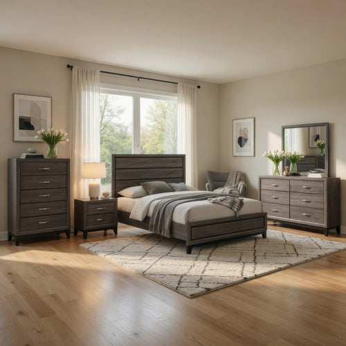 Mela 5pc Cal King Bed Set | Nightstand | Tall Chest | Mirror Oak Gray