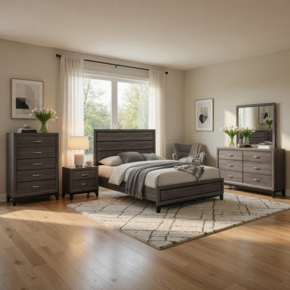 Mela 5pc Cal King Bed Set | Nightstand | Tall Chest | Mirror Oak Gray