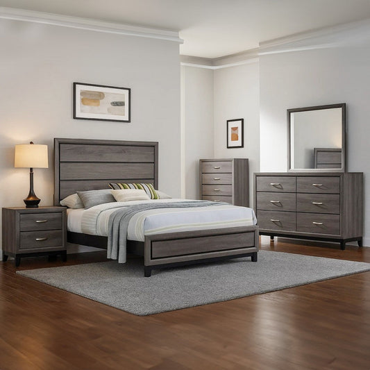 Mela 5pc Full Bed Set | Nightstand Dresser Chest and Mirror | Oak Gray