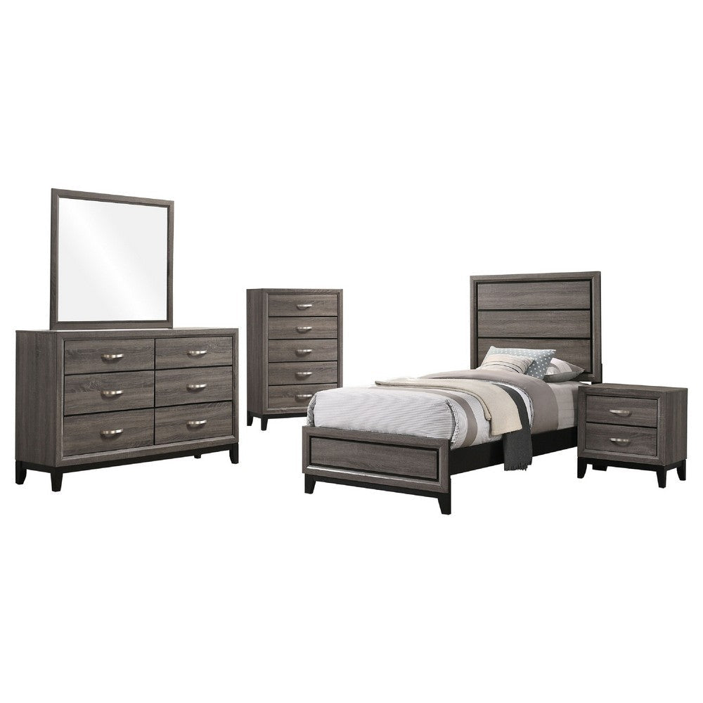 Mela 5pc Twin Bed Set | Nightstand Dresser Chest and Mirror | Oak Gray