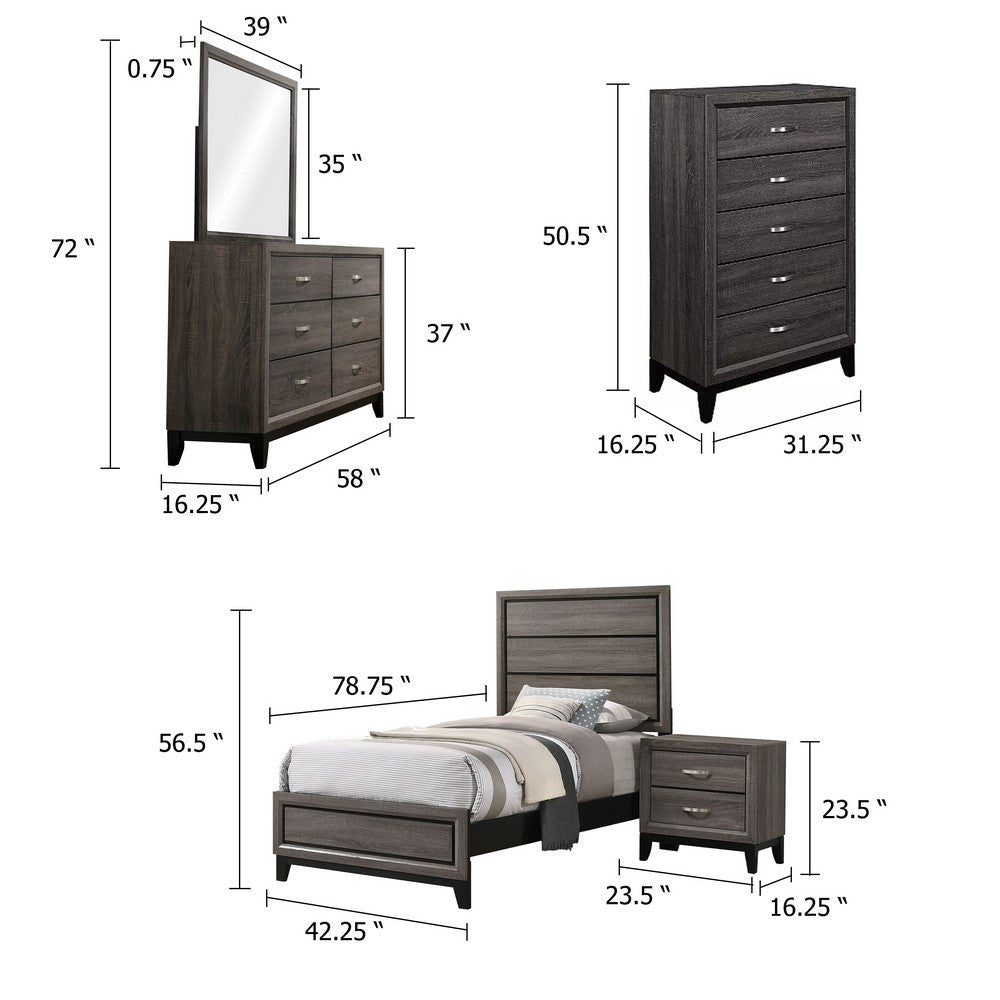 Mela 5pc Twin Bed Set | Nightstand Dresser Chest and Mirror | Oak Gray BM340086