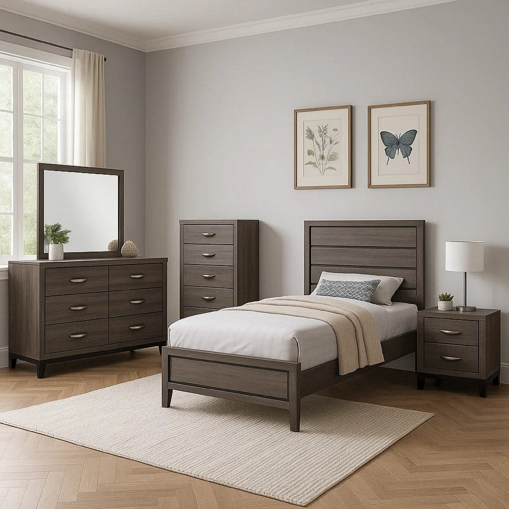 Mela 5pc Twin Bed Set | Nightstand Dresser Chest and Mirror | Oak Gray BM340086