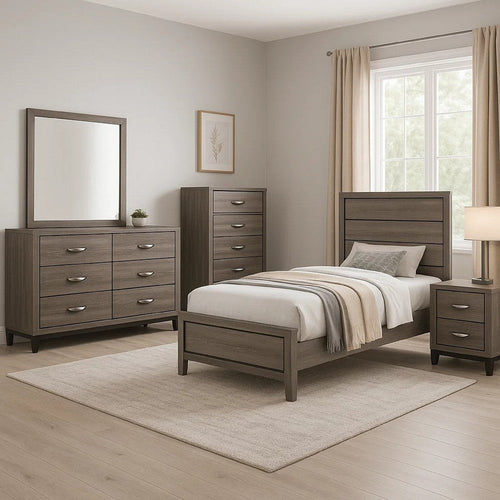 Mela 5pc Twin Bed Set | Nightstand Dresser Chest and Mirror | Oak Gray