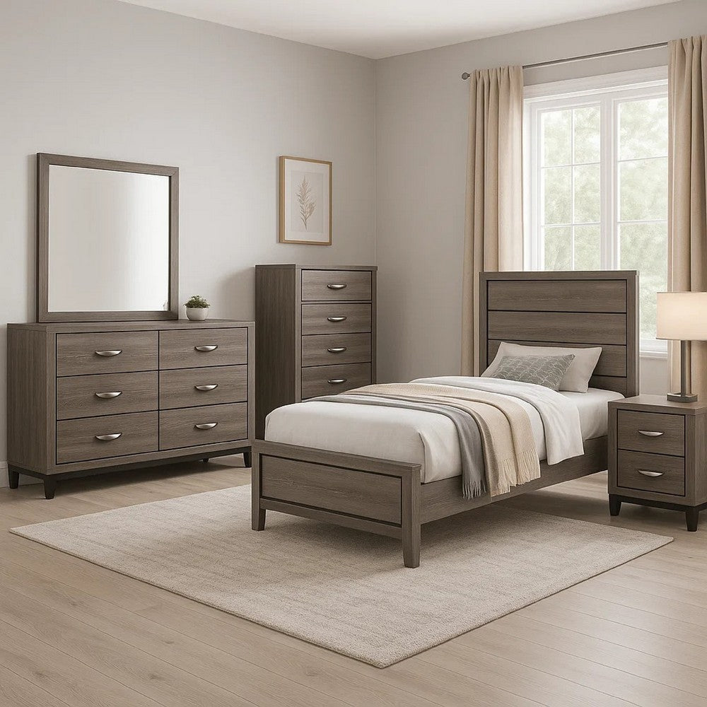 Mela 5pc Twin Bed Set | Nightstand Dresser Chest and Mirror | Oak Gray BM340086
