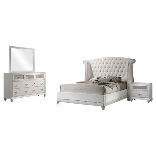 Dini Glam 4pc Queen Bedroom Set, Tufted Wingback in White Velvet w Crystals