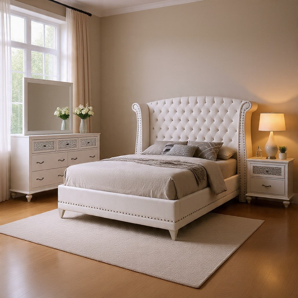 Dini Glam 4pc Queen Bedroom Set, Tufted Wingback in White Velvet w Crystals