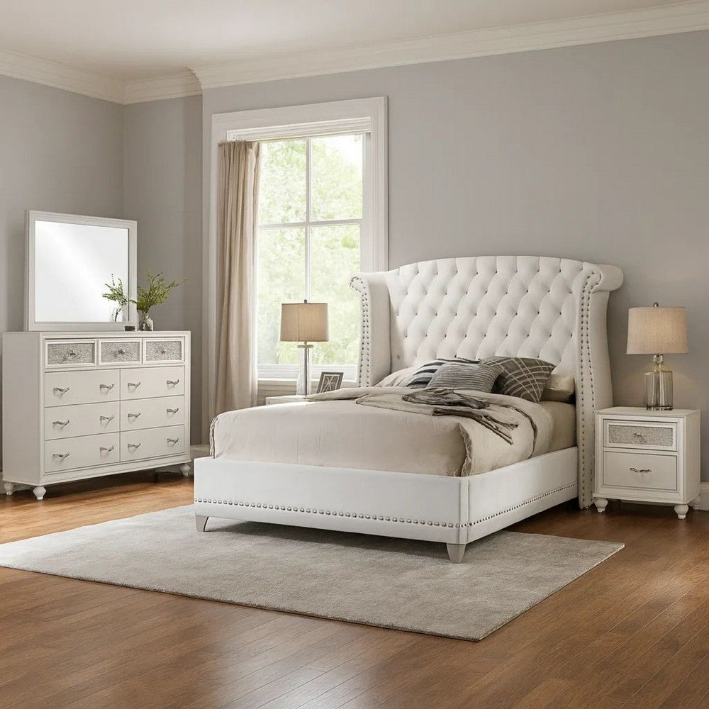 Dini Glam 4pc Queen Bedroom Set, Tufted Wingback in White Velvet w Crystals