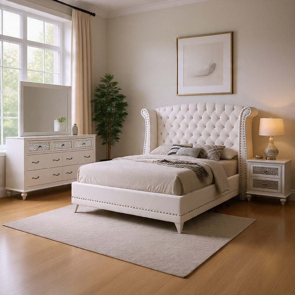 Dini Glam 4pc Queen Bedroom Set, Tufted Wingback in White Velvet w Crystals