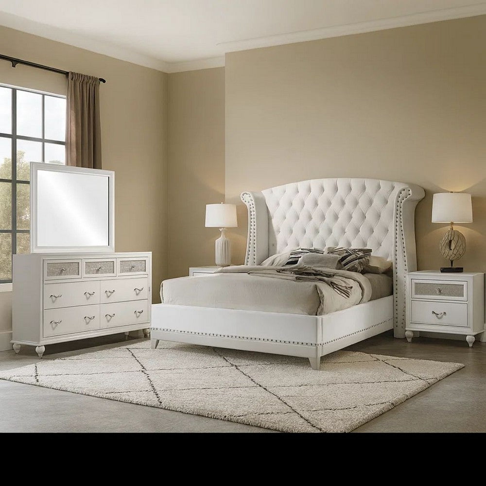 Dini Glam 4pc Queen Bedroom Set, Tufted Wingback in White Velvet w Crystals