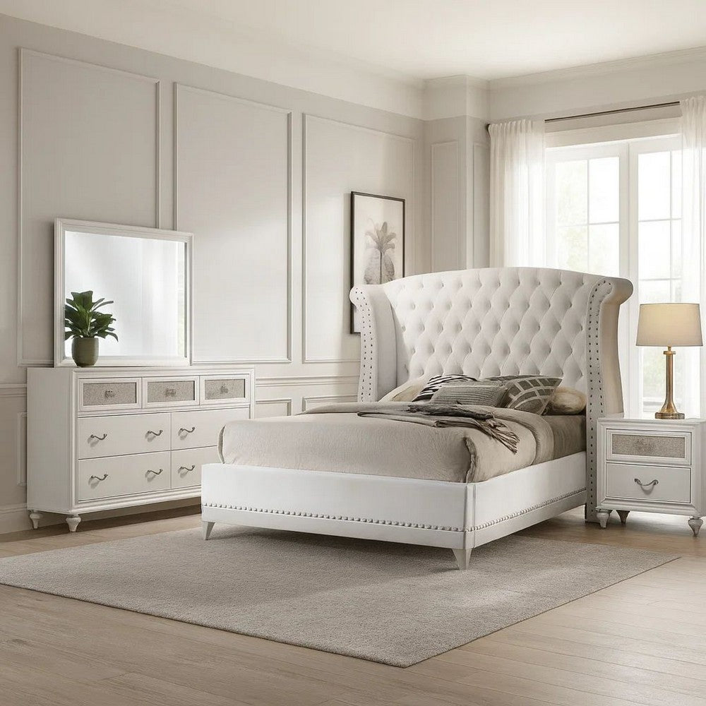 Dini Glam 4pc Queen Bedroom Set, Tufted Wingback in White Velvet w Crystals