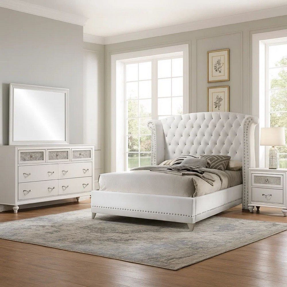 Dini Glam 4pc Queen Bedroom Set, Tufted Wingback in White Velvet w Crystals
