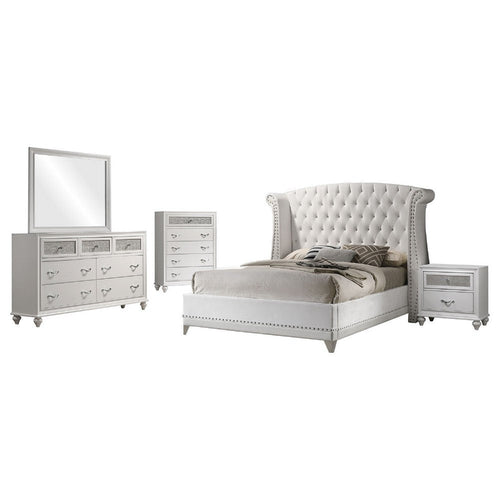 Dini Glam 5pc Queen Bedroom Set, Tufted Wingback in White Velvet w Crystals