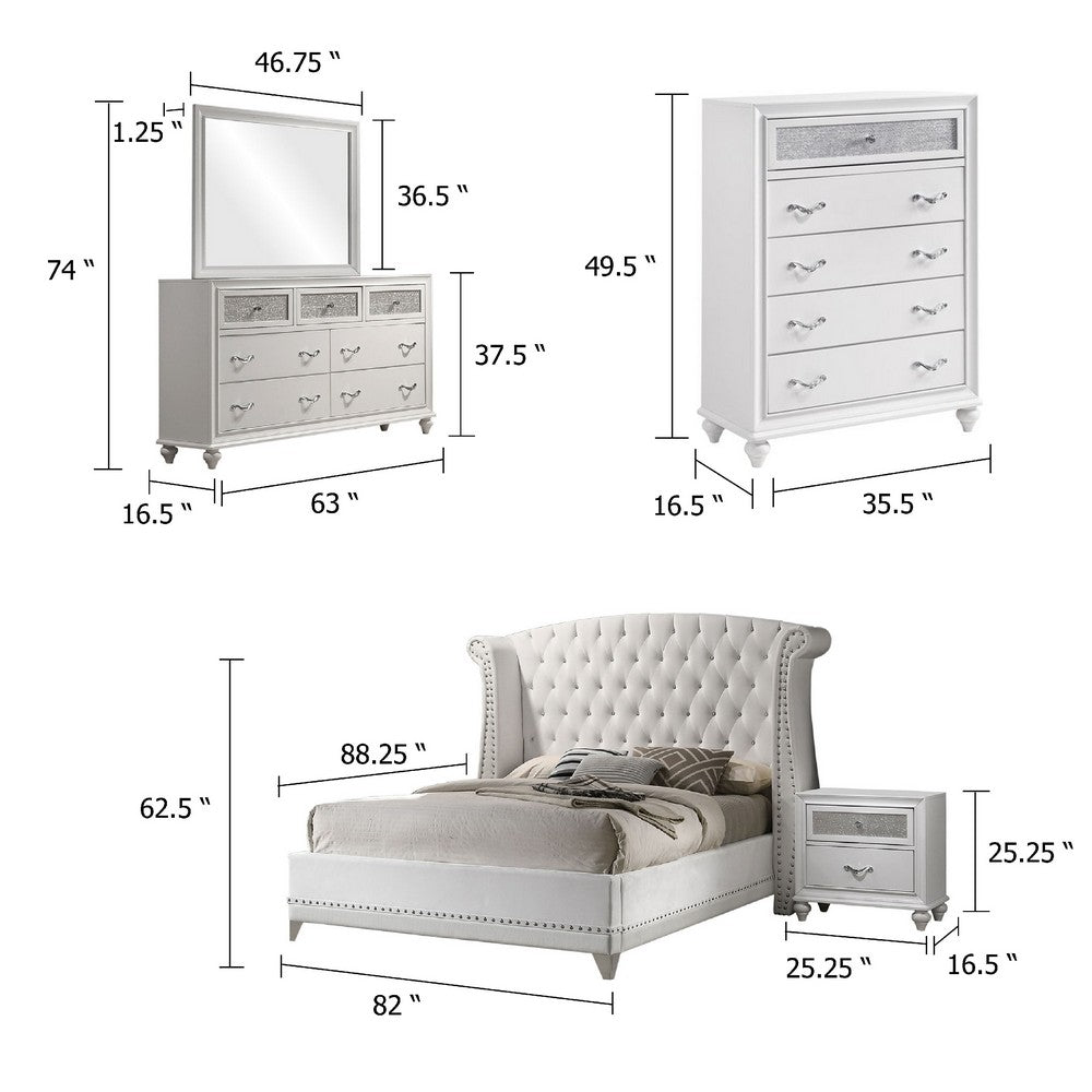 Dini Glam 5pc Queen Bedroom Set, Tufted Wingback in White Velvet w Crystals