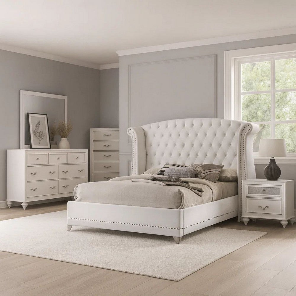Dini Glam 5pc Queen Bedroom Set, Tufted Wingback in White Velvet w Crystals