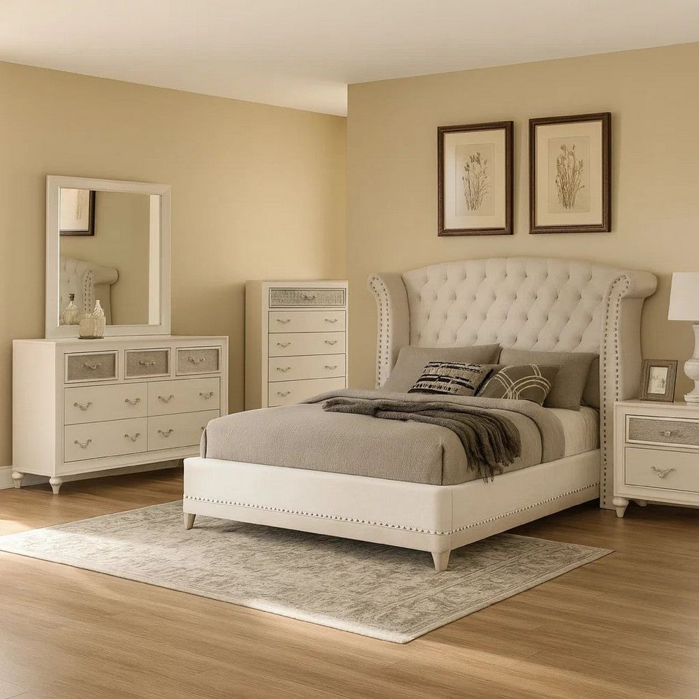 Dini Glam 5pc Queen Bedroom Set, Tufted Wingback in White Velvet w Crystals