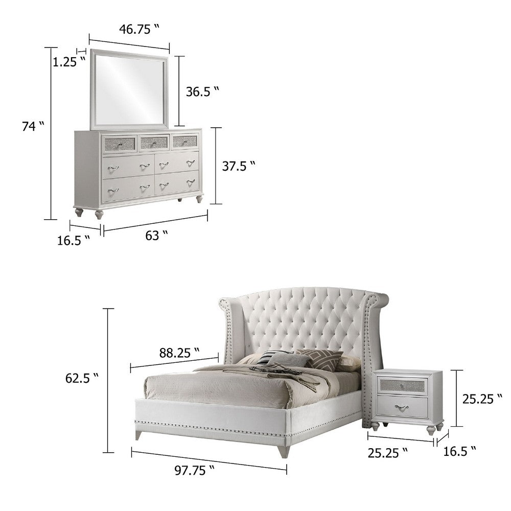 Dini Glam 4pc King Bedroom Set, Tufted Wingback in White Velvet w Crystals