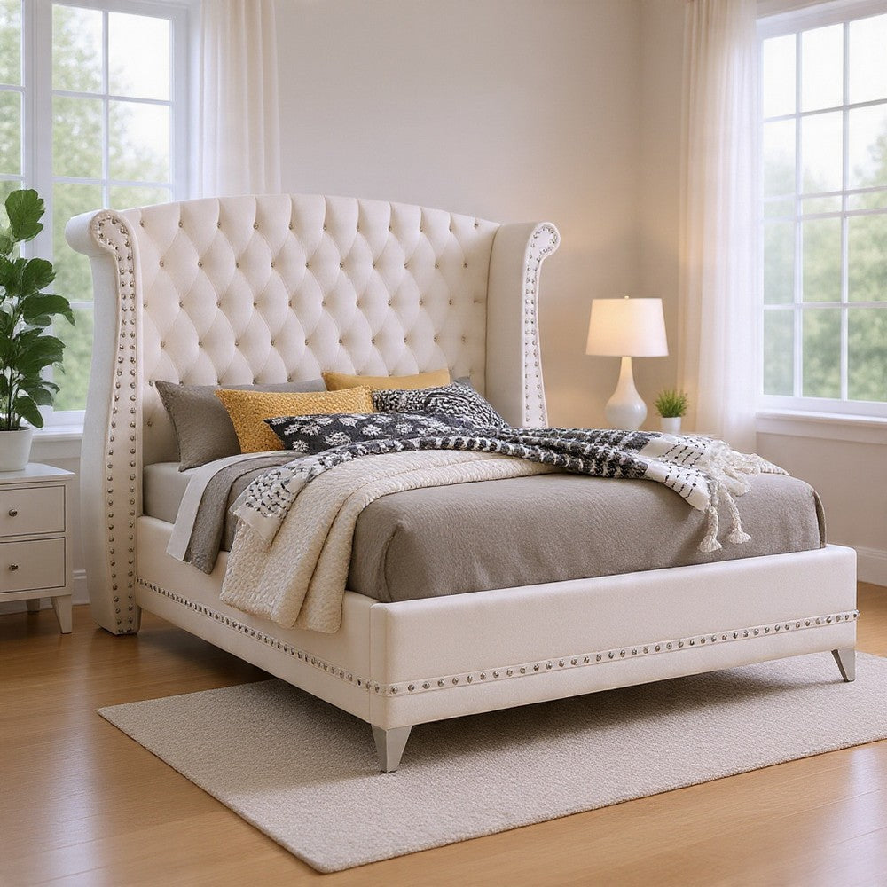 Dini Glam 4pc King Bedroom Set, Tufted Wingback in White Velvet w Crystals
