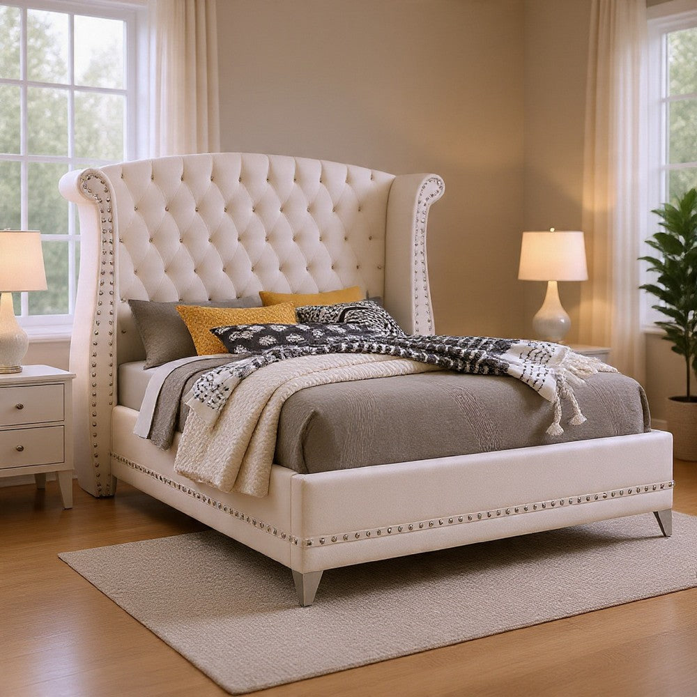 Dini Glam 4pc King Bedroom Set, Tufted Wingback in White Velvet w Crystals