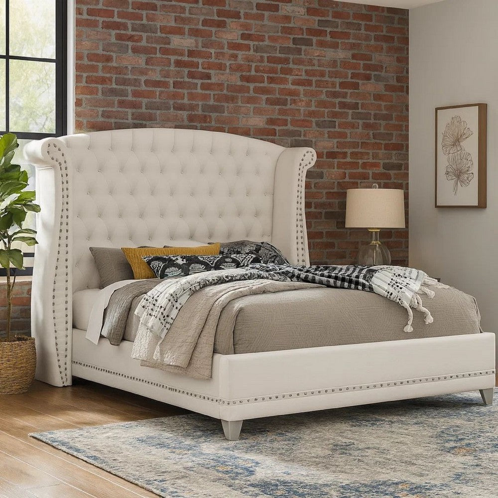 Dini Glam 5pc King Bedroom Set, Tufted Wingback in White Velvet w Crystals