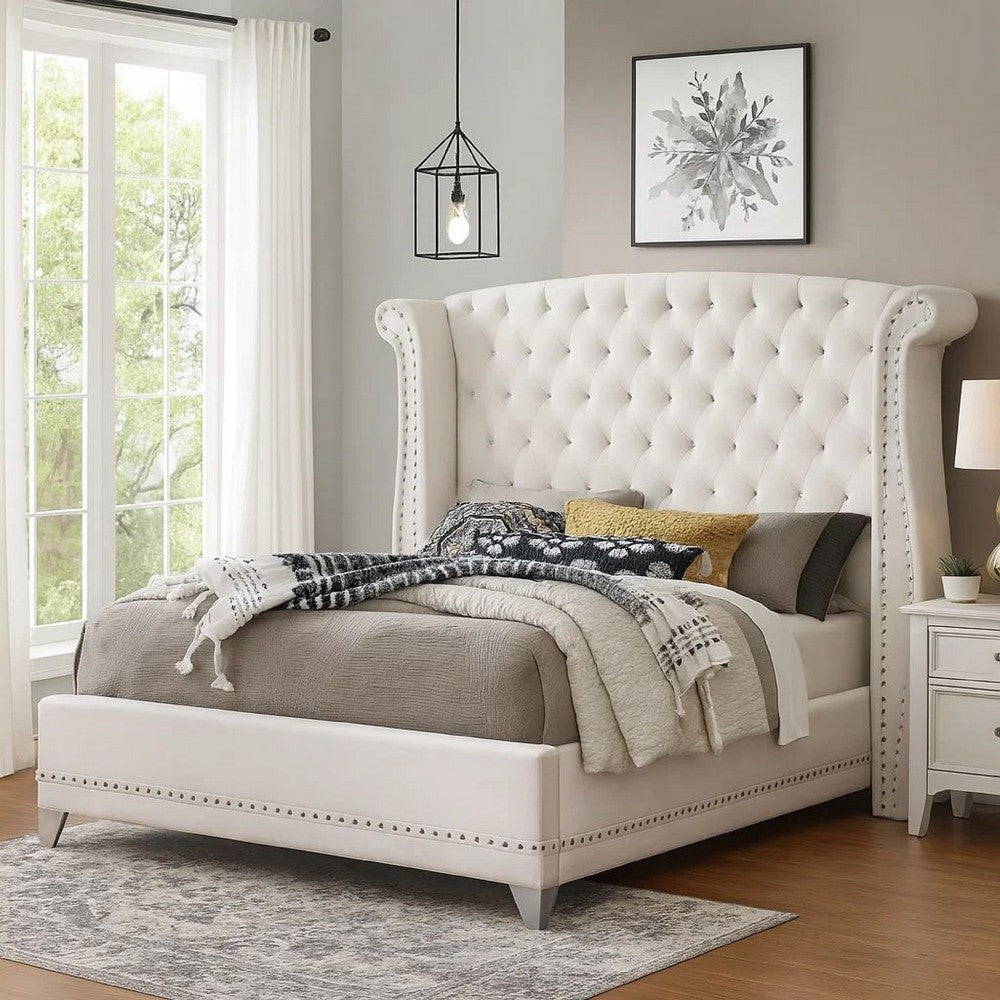 Dini Glam 5pc King Bedroom Set, Tufted Wingback in White Velvet w Crystals