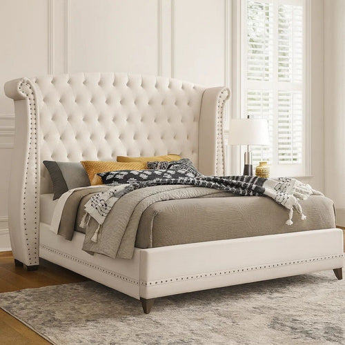 Dini Glam 5pc King Bedroom Set, Tufted Wingback in White Velvet w Crystals