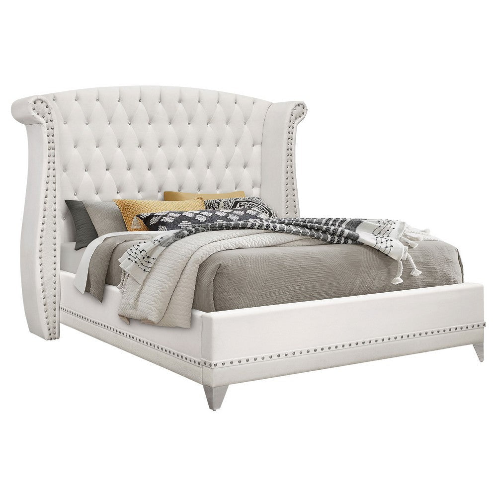 Dini Glam 4pc Cal King Bedroom Set, Tufted Wingback in White Velvet w Crystals