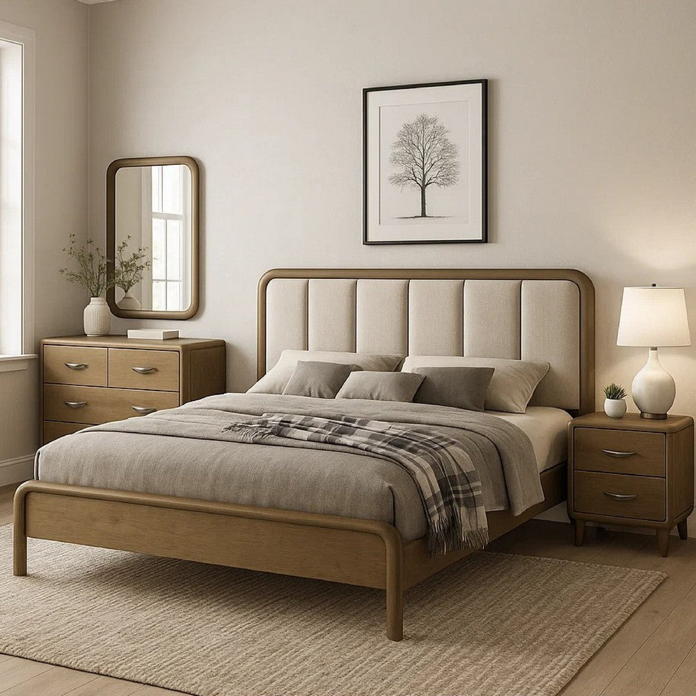 Deon 4pc Queen Bedroom Set | Upholstered Headboard | Brown Hardwood BM340095