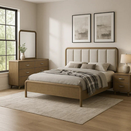 Deon 4pc Queen Bedroom Set | Upholstered Headboard | Brown Hardwood