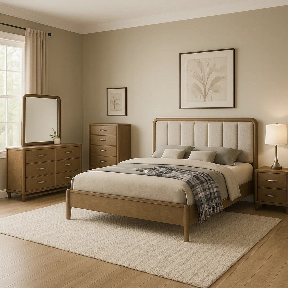 Deon 5pc Queen Bedroom Set | Upholstered Headboard | Brown Hardwood BM340096