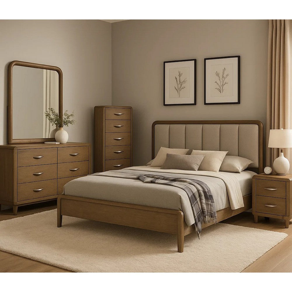 Deon 5pc Queen Bedroom Set | Upholstered Headboard | Brown Hardwood