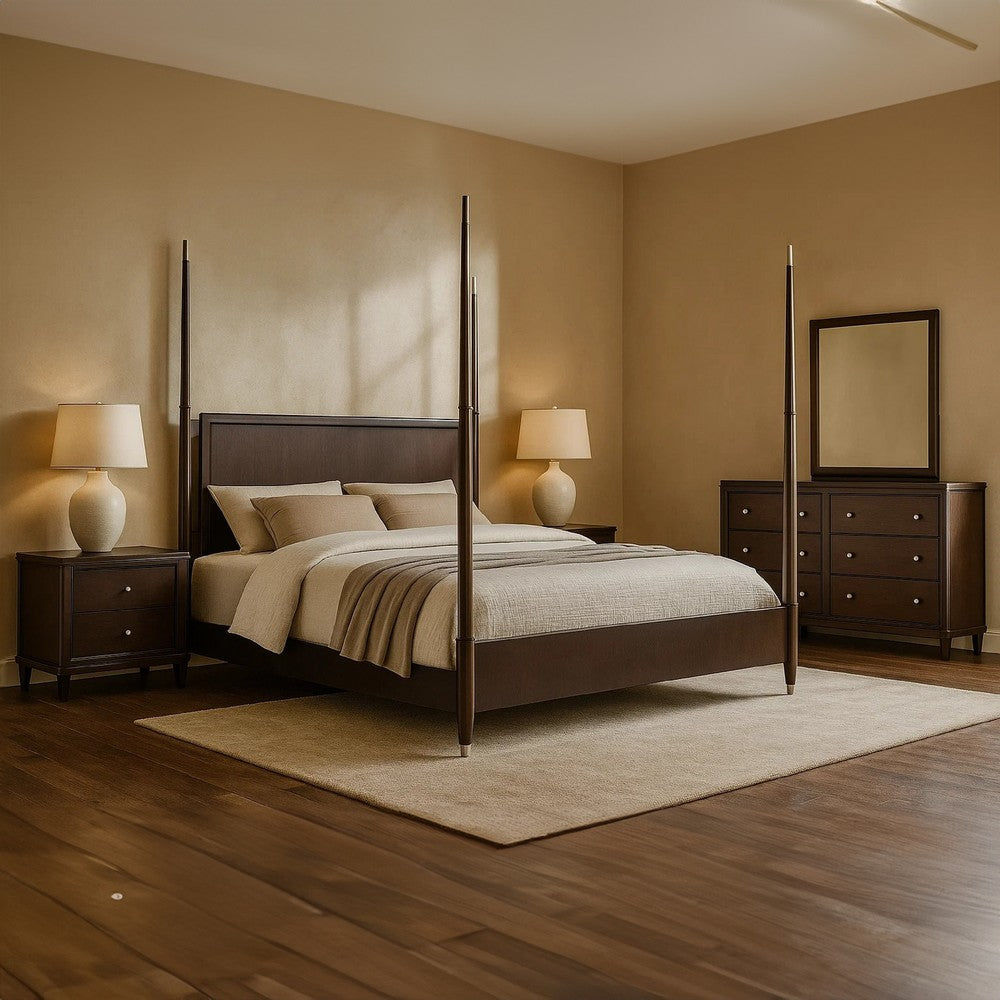 Amber 4pc Poster Queen Bed Set | Modern Dark Brown | Dresser Mirror