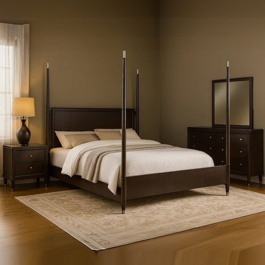 Amber 4pc Poster Queen Bed Set | Modern Dark Brown | Dresser Mirror