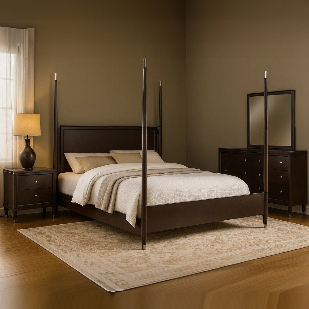 Amber 4pc Poster Queen Bed Set | Modern Dark Brown | Dresser Mirror