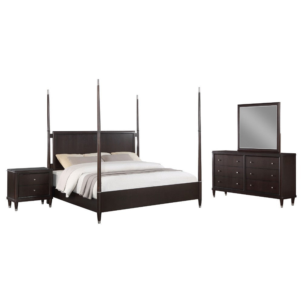 Amber 4pc Poster Queen Bed Set | Modern Dark Brown | Dresser Mirror