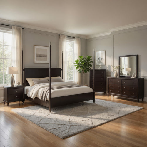 Amber 5pc Poster Queen Bed Set | Modern Dark Brown | Dresser Chest
