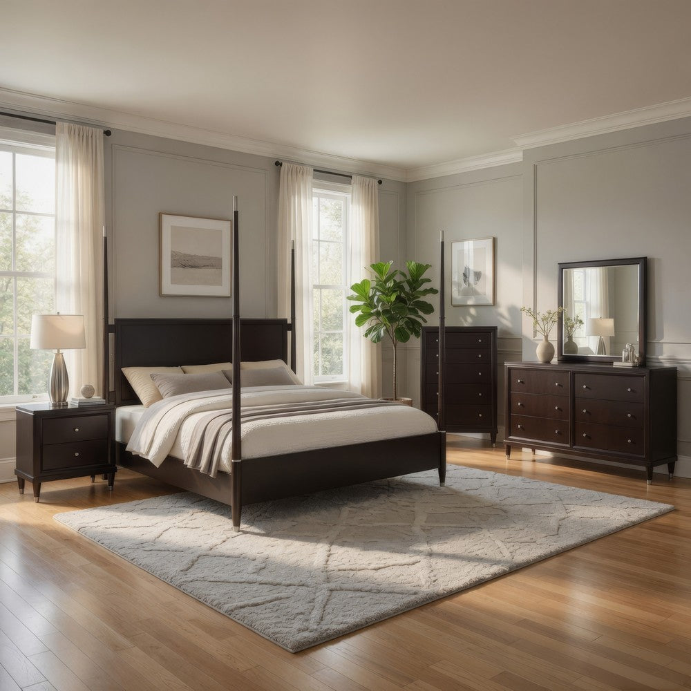 Amber 5pc Poster Queen Bed Set | Modern Dark Brown | Dresser Chest