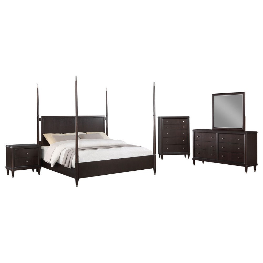 Amber 5pc Poster Queen Bed Set | Modern Dark Brown | Dresser Chest