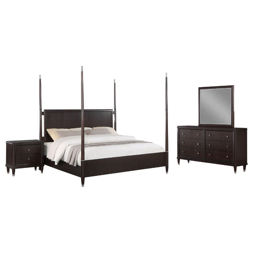 Amber 4pc Poster King Bed Set | Modern Dark Brown | Dresser Mirror
