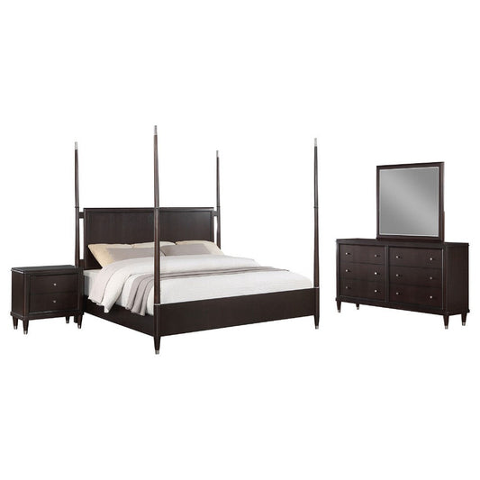 Amber 4pc Poster King Bed Set | Modern Dark Brown | Dresser Mirror