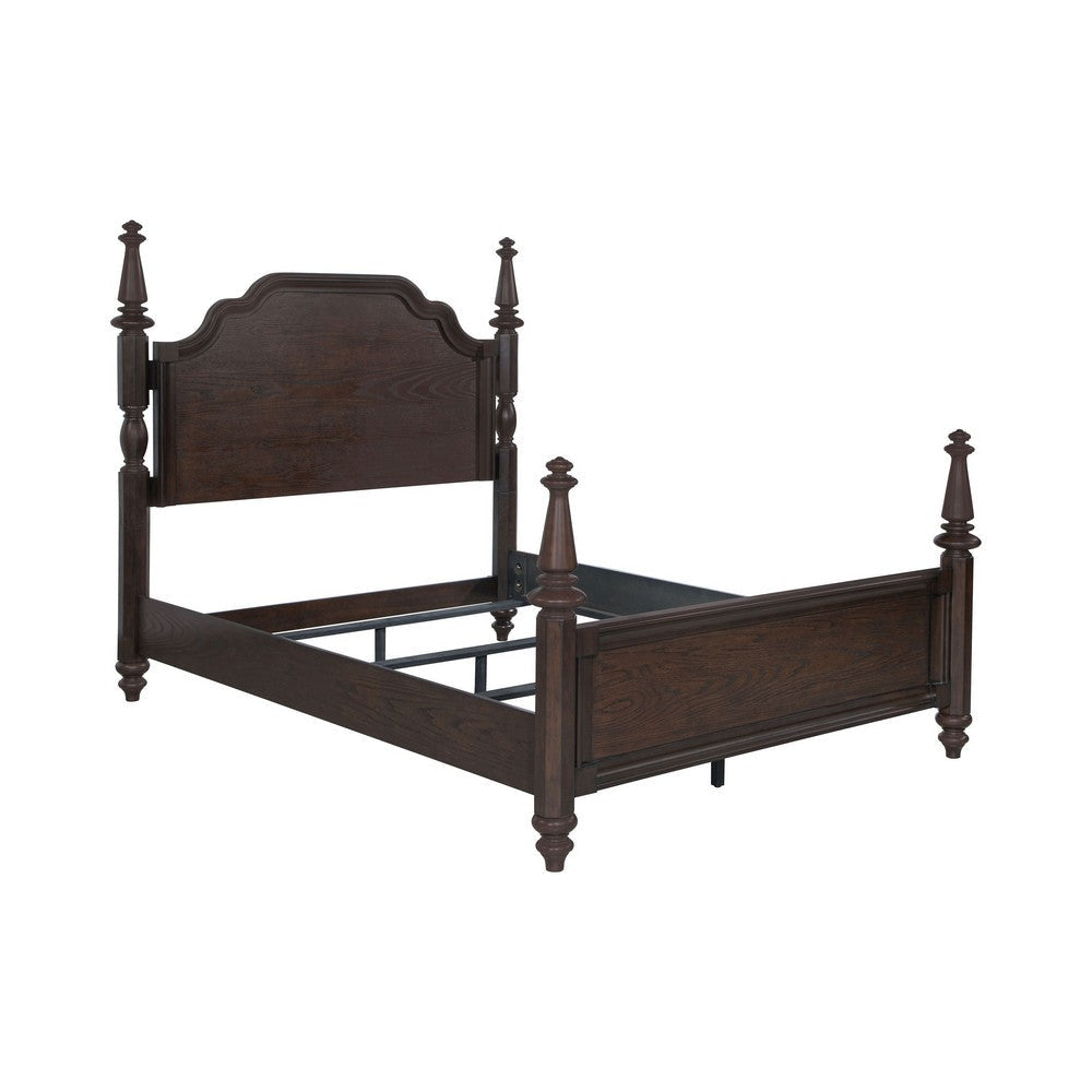 Meon 4pc Poster Queen Bed Set | Vintage Dark Oak Brown | Dresser Mirror BM340105