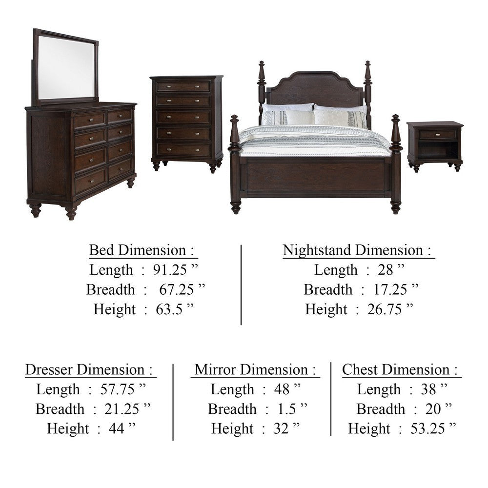 Meon 5pc Poster Queen Bed Set | Vintage Dark Oak Brown | Dresser Chest BM340106