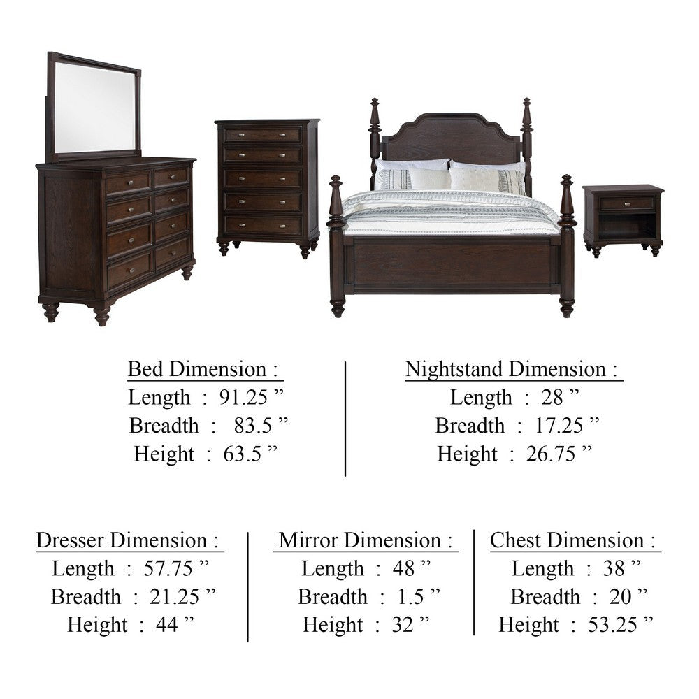 Meon 5pc Poster King Bed Set | Vintage Dark Oak Brown | Dresser Chest BM340108