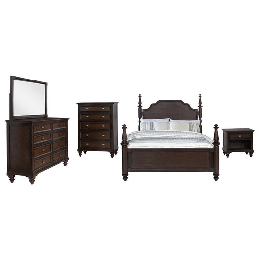 Meon 5pc Poster King Bed Set | Vintage Dark Oak Brown | Dresser Chest