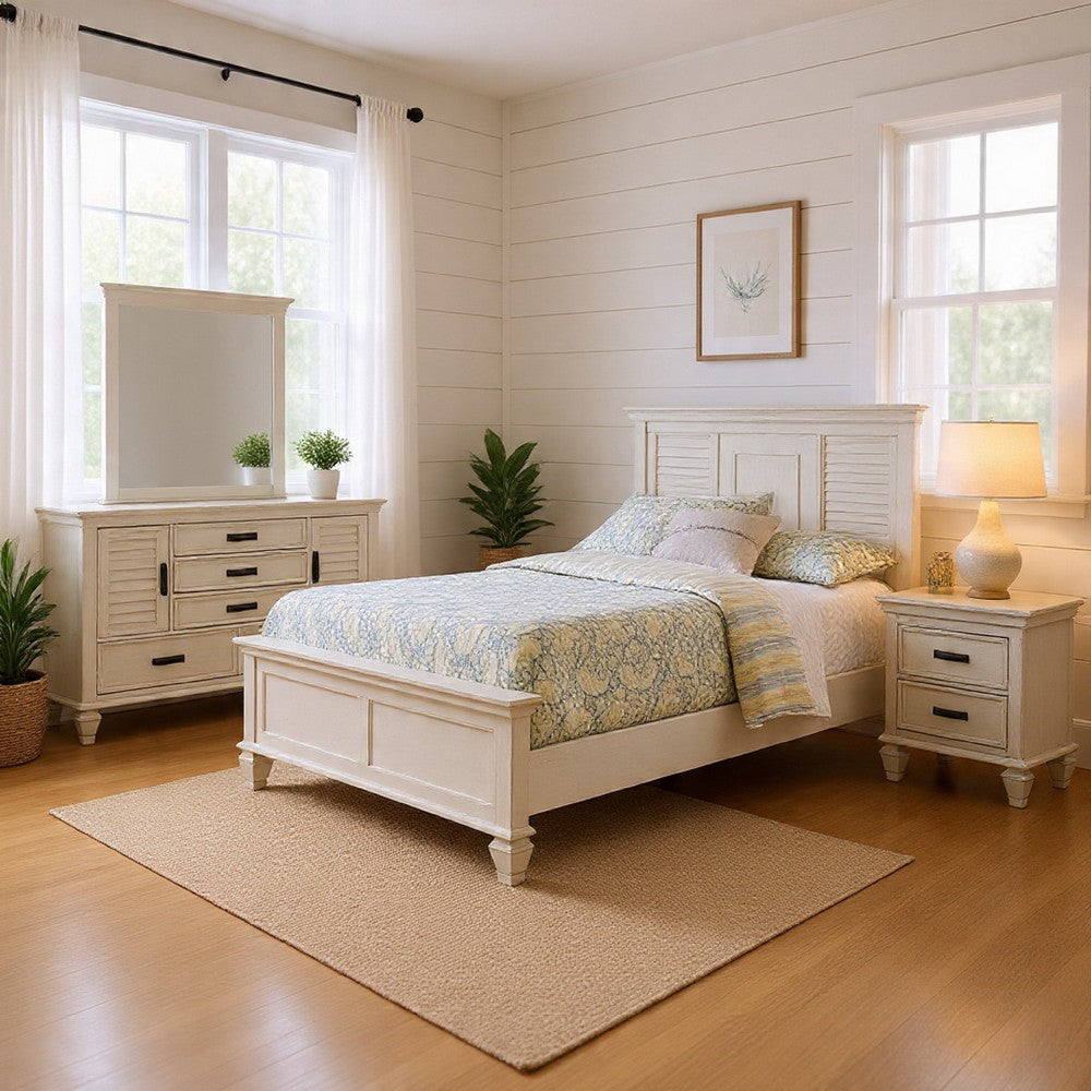 Eli 4 Piece Queen Bedroom Set | Rustic White Wood | Dresser Mirror
