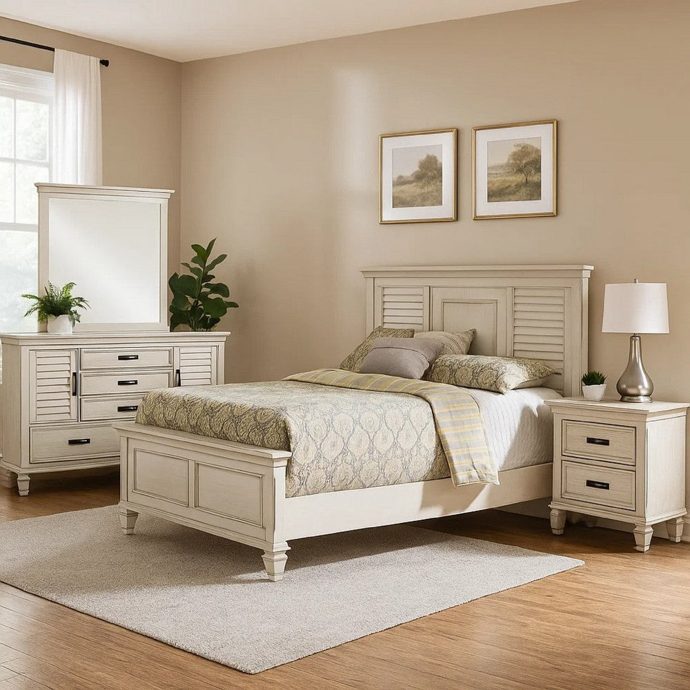 Eli 4 Piece Queen Bedroom Set | Rustic White Wood | Dresser Mirror