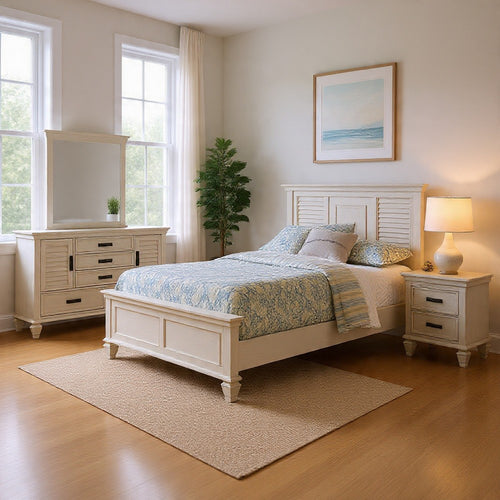 Eli 4 Piece Queen Bedroom Set | Rustic White Wood | Dresser Mirror